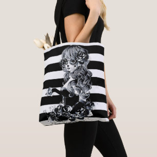 Tote Bag Noir & Blanc Striped Joli Crâne de sucre fille
