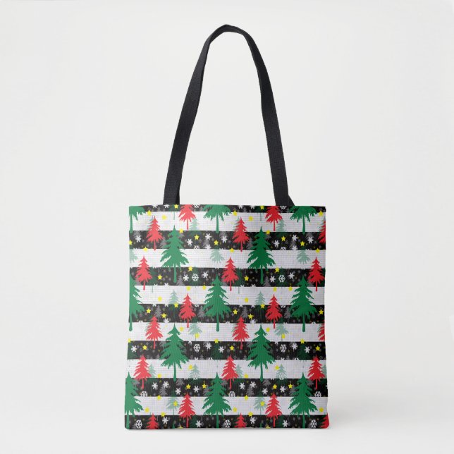 Tote Bag Noir Blanc Stripes Neiges Rouge Vert Arbres (Devant)