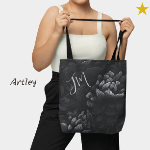Tote Bag Noir blanc Vintage pivoine florale Initiales perso