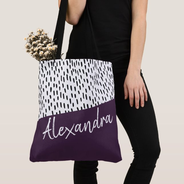 Tote Bag Noir blanc violet moderne Personnalisé (De près)