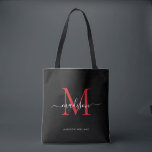 Tote Bag Noir Bourgogne Rouge Monogramme Nom initial<br><div class="desc">Monogramme rouge bordeaux noir moderne élégant Nom du script Sac fourre-tout initial</div>