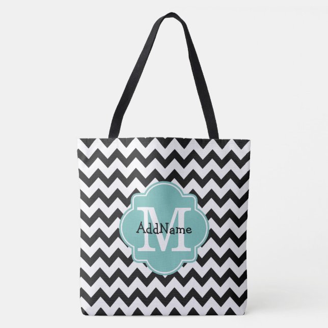 Tote Bag Noir Chevron Aqua Monogramme & Nom personnalisé (Devant)