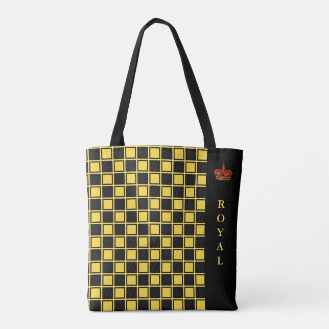 Tote Bag Noir chic, & jaune à carreaux & calligraphie (Dos)