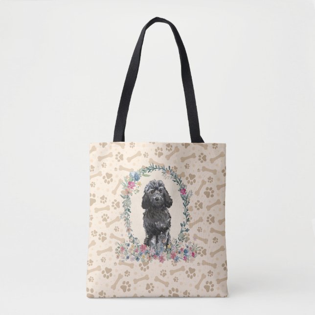 Tote Bag Noir Cockapoo Chien Empreinte de patte & Chien Bon (Devant)