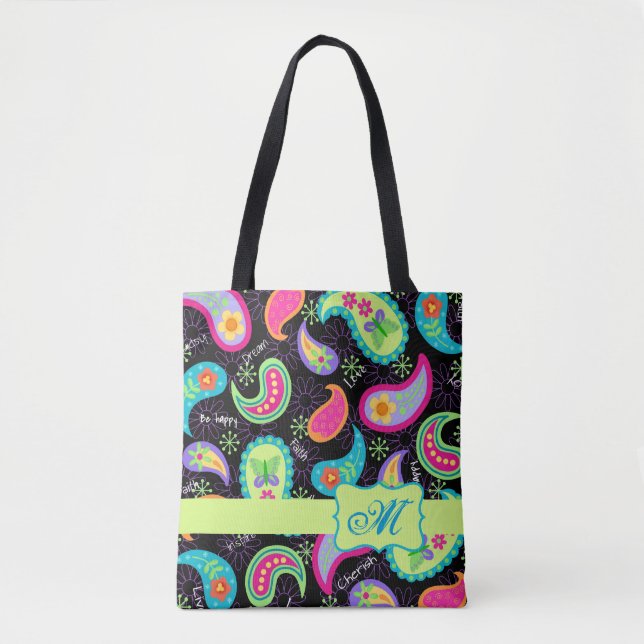 Tote Bag Noir coloré moderne Motif Monogramme  Paisley (Devant)