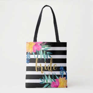 Tote Bag Noir et blanc barre le bouquet tropical de fleurs