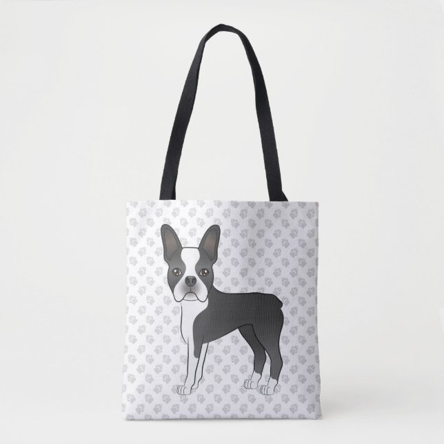 Tote Bag Noir Et Blanc Boston Terrier Cartoon Chien & Pâtes (Devant)
