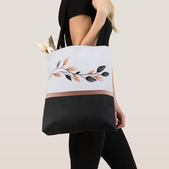 Tote Bag Noir et Blanc Deux Tons avec Motif de Feuille (De près)