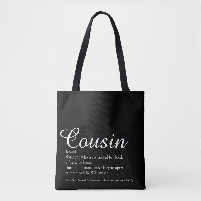 Tote Bag Noir et blanc Élégant Script Cousin Définition (Devant)