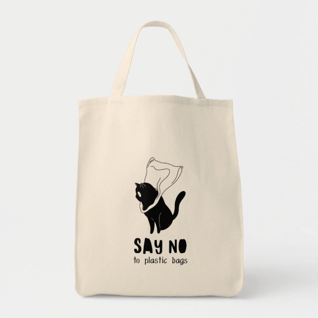 Tote Bag Noir et blanc Funny "Dites non au plastique" (Devant)