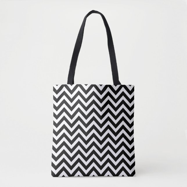 Tote Bag Noir et blanc Moyen Chevron Stripes Motif (Devant)