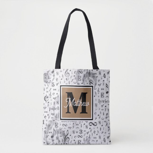 Tote Bag Noir et blanc Musique musicien Monogramme (Devant)