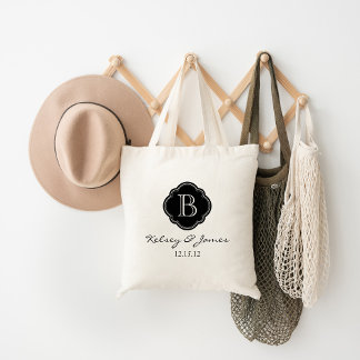 Tote Bag Noir et Blanc Personnalisé Monogramme Mariage Fave