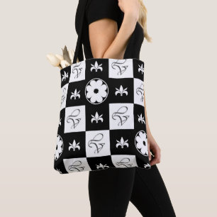 Tote Bag Noir et blanc Style À damiers motif floral T