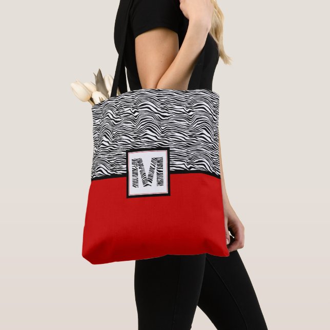 Tote Bag Noir et blanc Zèbre Imprimer Monogramme | Rouge (De près)