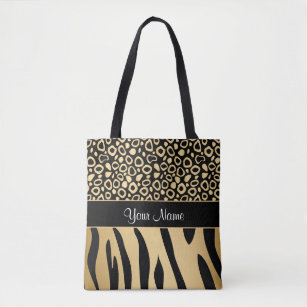 Tote Bag Noir et motif de léopard et de zèbre d'or