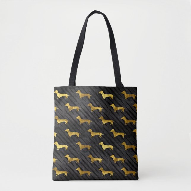 Tote Bag Noir et motif de teckel d'or (Devant)