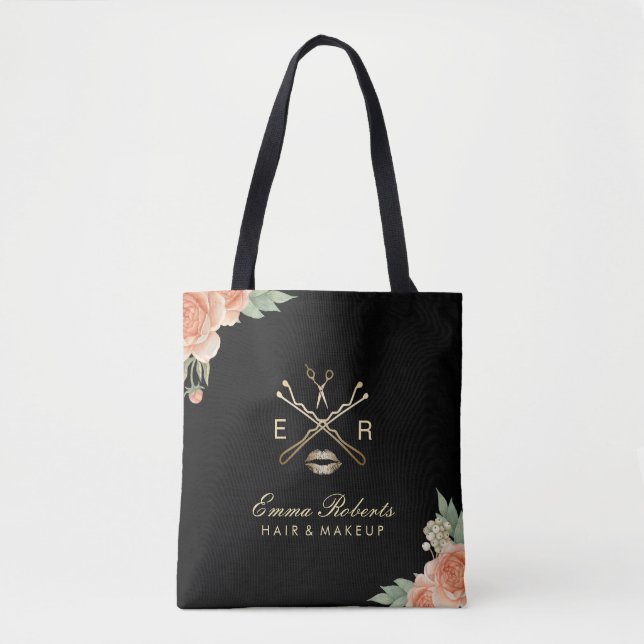 Tote Bag Noir floral vintage de maquilleur et de coiffeur (Devant)