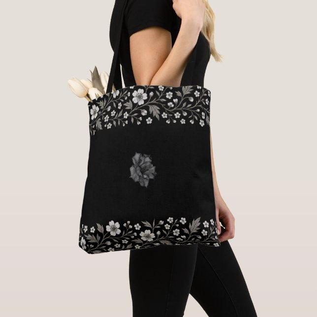 Tote Bag Noir Hawthorn Floral Conception de frontières (De près)