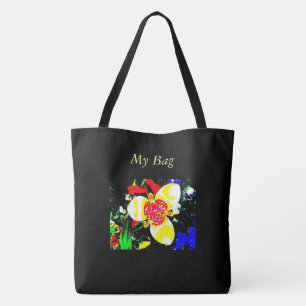 Tote Bag noir inhabituel avec motif de fleurs jaune et roug