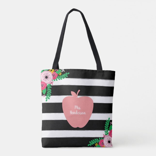 Tote Bag Noir + Le blanc barre le professeur floral d'Apple (Dos)