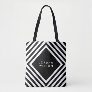 Tote Bag Noir minimaliste avec lignes de Carré blanc Géomét