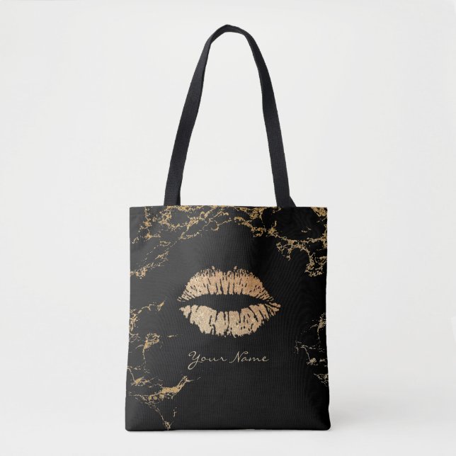 Tote Bag Noir moderne de lèvres d'or de maquilleur et (Devant)