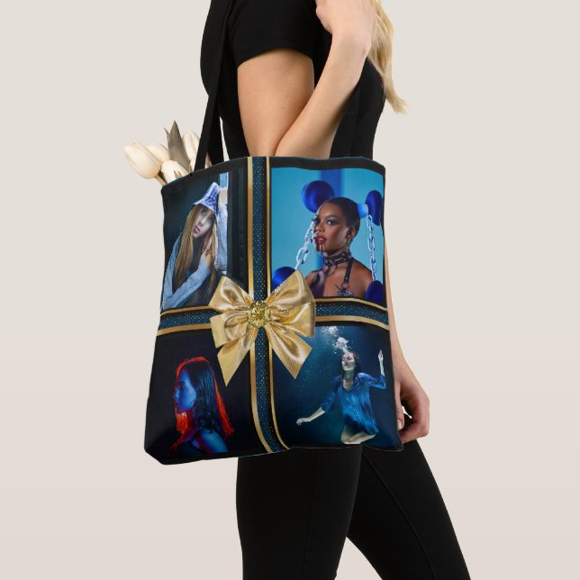 Tote Bag Noir moderne Golden Bow photo collage femme (De près)