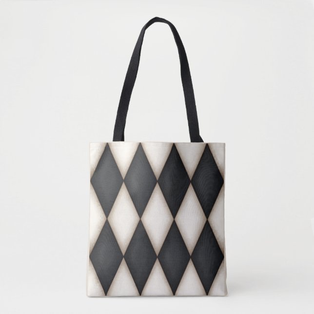 Tote Bag Noir. motif Arlequin et blanc Diamant Check (Devant)