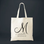 Tote Bag Noir Nom du script initial Floral Bridesmaid Large<br><div class="desc">Un sac fourre-tout moderne design de monogramme de femme de chambre. Ne retirez pas les cases de chaque côté de la police de nom. Entrez simplement le nom entre les cases. Ce sont des essaims ajoutés pour la décoration.</div>