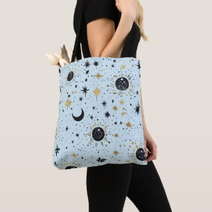 Tote Bag Noir, Or et Bleu Soleil Lune Étoiles Célestes