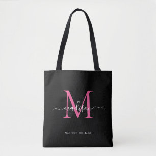 Tote Bag Noir PInk Magenta Monogramme Nom du script Initial