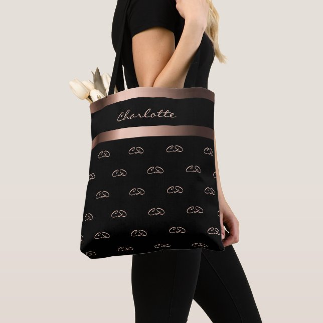 Tote Bag Noir rose or monogramme initiales nom du motif (De près)
