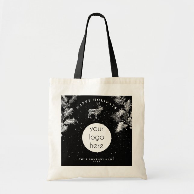 Tote Bag Noir Rustique Blanc Vacances Affaires Logo Noël (Devant)