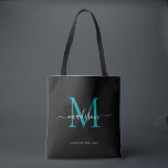 Tote Bag Noir Turquoise vert Monogramme Nom initial<br><div class="desc">Monogramme Turquoise moderne noir vert Élégant Nom du script Sac fourre-tout initial</div>