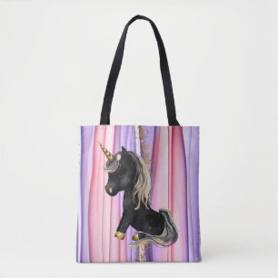 Tote Bag Noir Unicorne oreilles roses