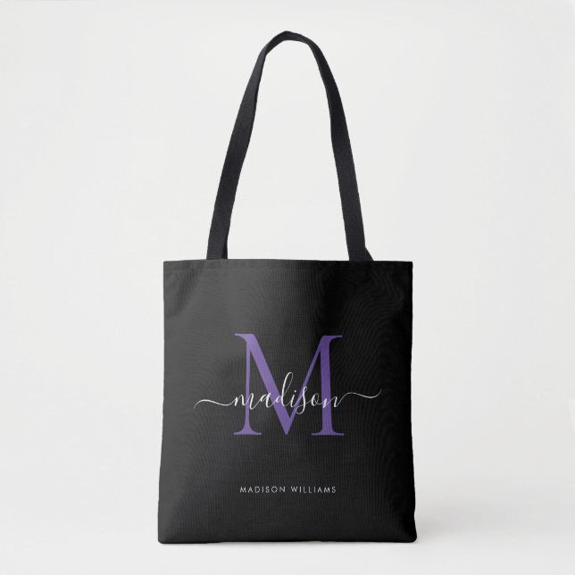 Tote Bag Noir Violet Violet Monogramme Nom du script Initia (Devant)