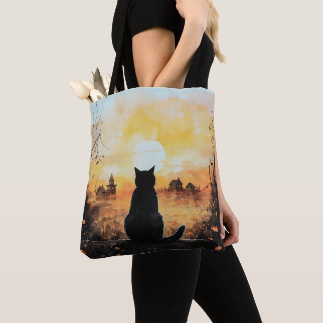 Tote Bag Noir voiture coucher de soleil Orange Automne part (De près)