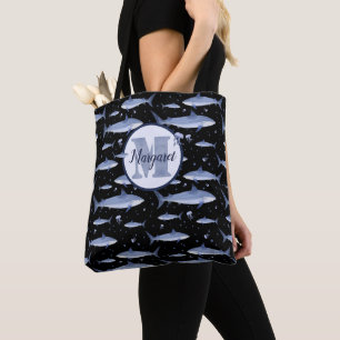 Tote Bag Nom + Aquarelle Monogram Requin Jellyfish Noir