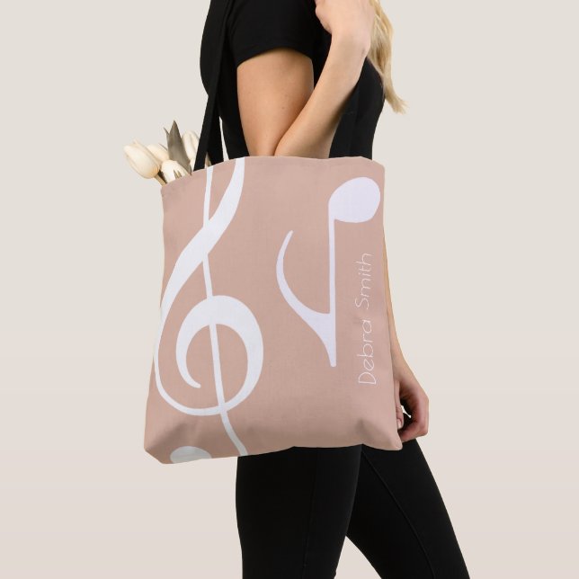 Tote Bag Nom avec Notes de Musique Rose Poussiéreux (deux c (De près)