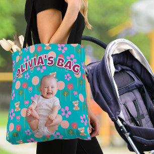 Tote Bag Nom bébé personnalisé et photo Turquoise Teddy cad