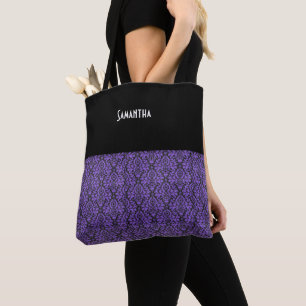 Tote Bag Nom damassé en brocart noir violet gothique victor