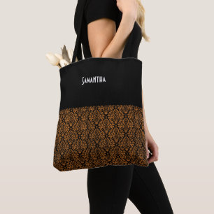 Tote Bag Nom damassé noir orange victorien en détresse