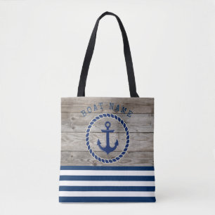 Tote Bag Nom de bateau nautique, ancre marine bleu rayé boi
