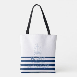 Tote Bag Nom de bateau nautique, ancre rayée bleu marine