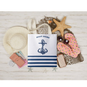 Tote Bag Nom de bateau nautique, ancre Rayures bleues et b