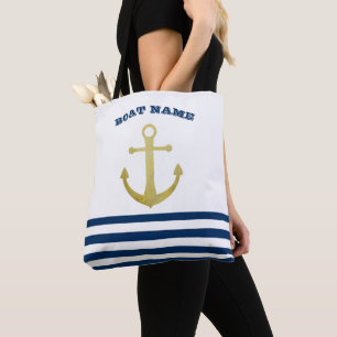 Tote Bag Nom de bateau nautique, Bandes bleu marine d'ancre