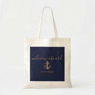 Tote Bag Nom de bateau nautique bleu marine or Bienvenue à