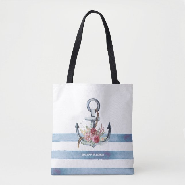 Tote Bag Nom de bateau nautique, fleurs d'ancre rayures (Devant)