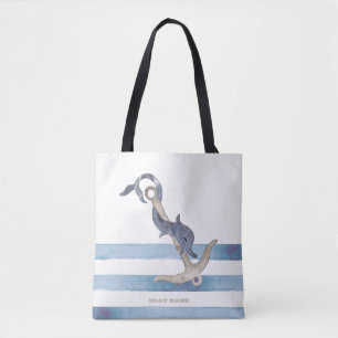Tote Bag Nom de bateau nautique, rayures de dauphin d'ancre